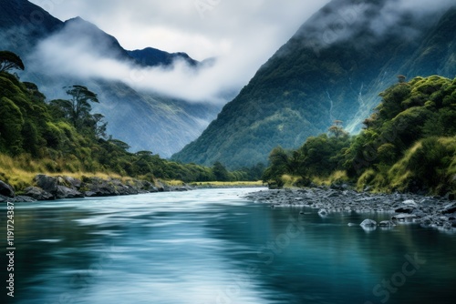 Breathtaking landscape of haast river flowing through lush green forest and mountains in mount aspiring national park, south island, new zealand photo