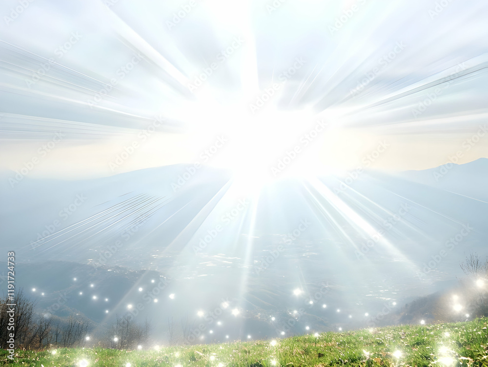 Bright Light Bursts Through Sky Over Misty Mountains and Sparkly Grassy Field Bright Light Bursts Through Sky Over Misty Mountains and Sparkly Grassy Field