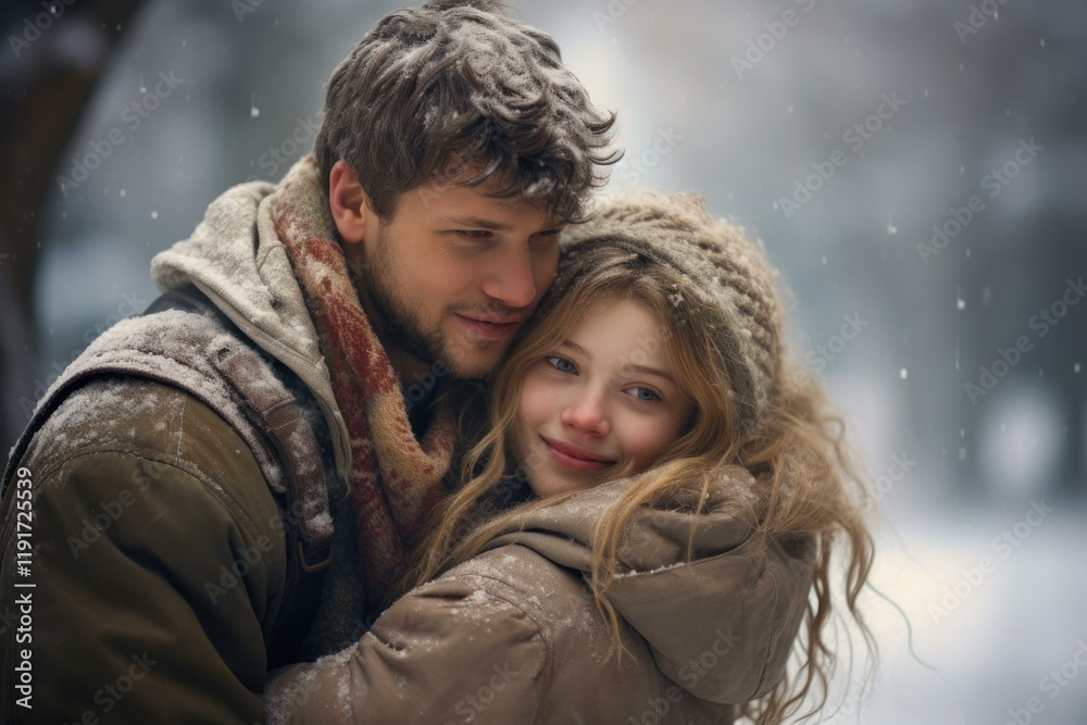 Romantic couple embracing in snowy woods, enjoying a tender moment of love and affection amidst a winter wonderland