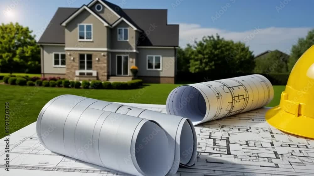 Dream Home Blueprint: A yellow hard hat rests on architectural blueprints, with a luxurious new house in the background, symbolizing construction, planning, and the realization of a dream home. Dream Home Blueprint: A yellow hard hat rests on architectural blueprints, with a luxurious new house in the background, symbolizing construction, planning, and the realization of a dream home.