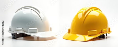 Two hard hats displayed. One white, yellow. Isolated against plain white background. Safety helmets crucial for construction workers. Image highlights industrial safety equipment for work