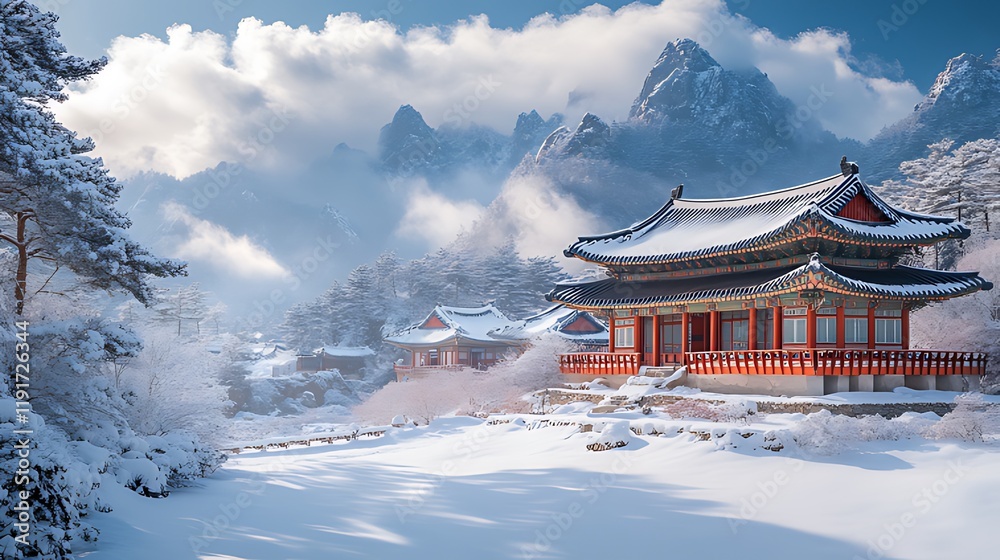 custom made wallpaper toronto digitalSnowy mountain temple winter landscape, serene Asian architecture