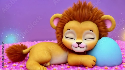 cute animated lion cub relaxing on a vibrant floral field for creative projects photo