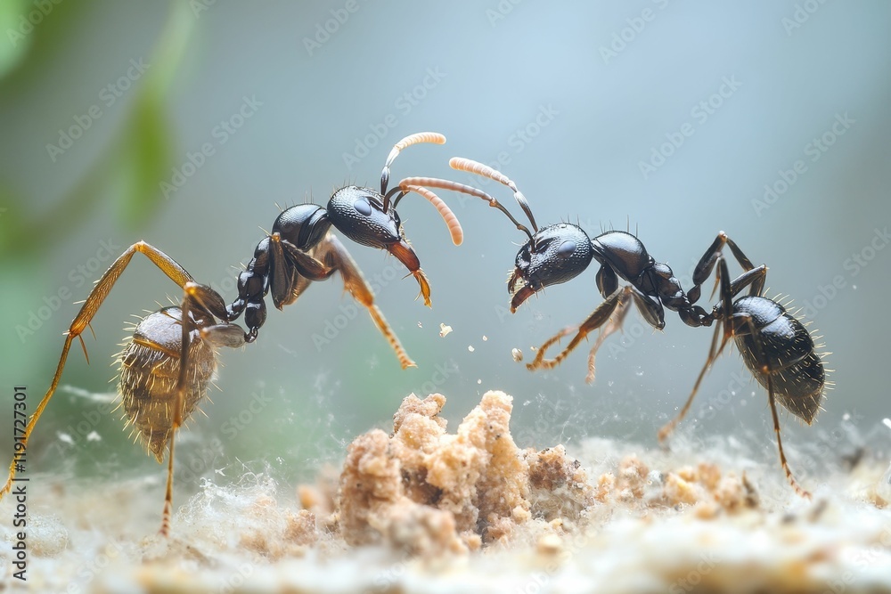 Two ants grapple near granular substance. Two ants grapple near granular substance.