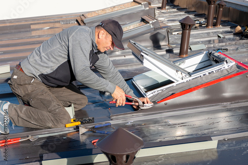 Konstfotografi New roof with skylight windows in mansard garret, or attic