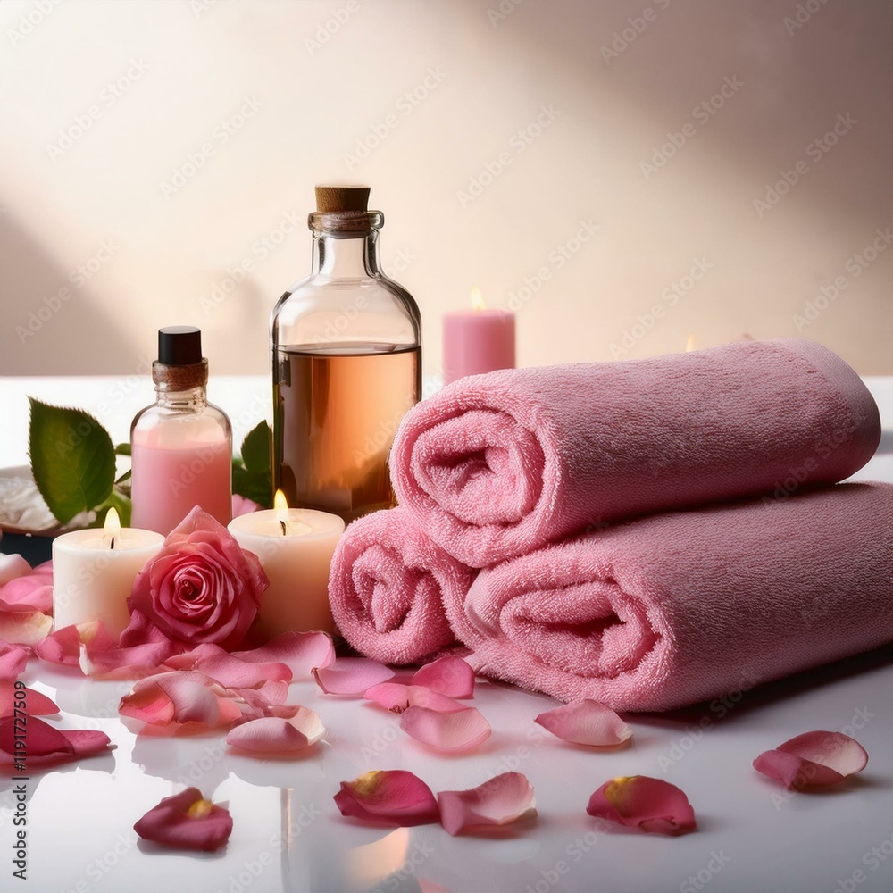 Generated image A spa arrangement featuring a rolled pink towel, candles, essential oil bottles Generated image A spa arrangement featuring a rolled pink towel, candles, essential oil bottles