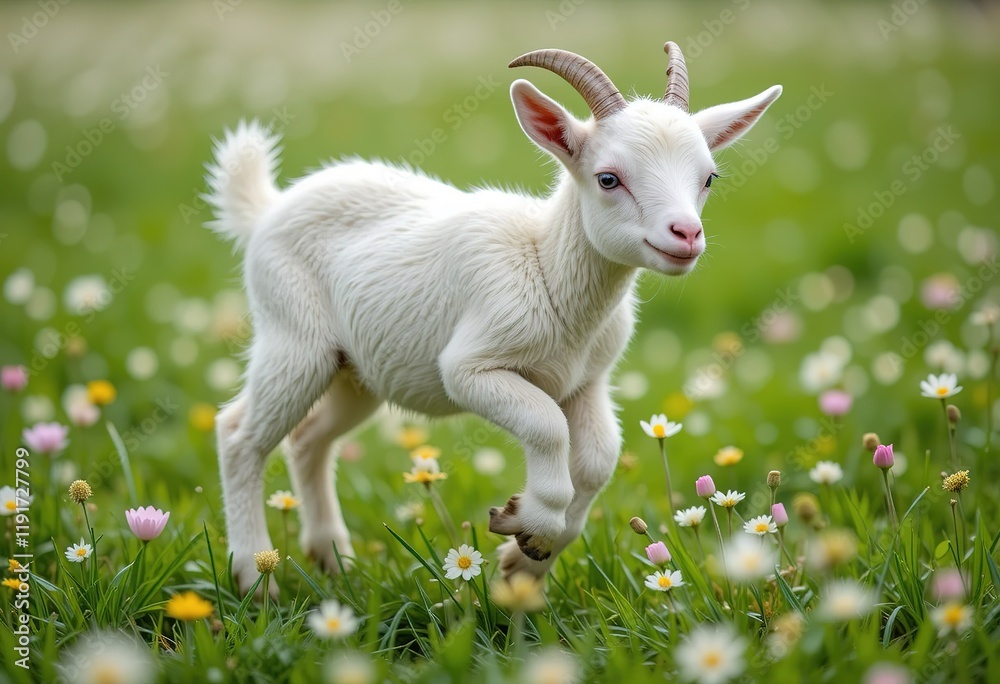 A White Kid Goat Plays in a Spring Meadow A White Kid Goat Plays in a Spring Meadow