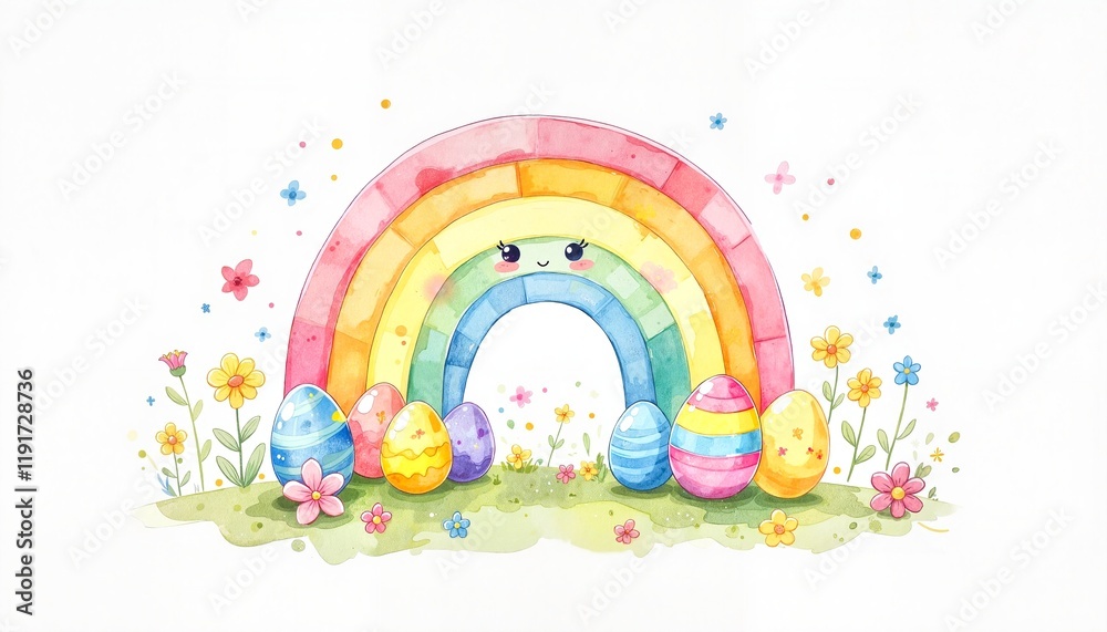 Fototapeta premium Cute rainbow with Easter eggs on a floral background