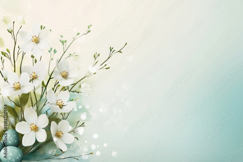 Elegant floral frame with spring flowers and subtle Easter eggs, soft gradient background Elegant floral frame with spring flowers and subtle Easter eggs, soft gradient background