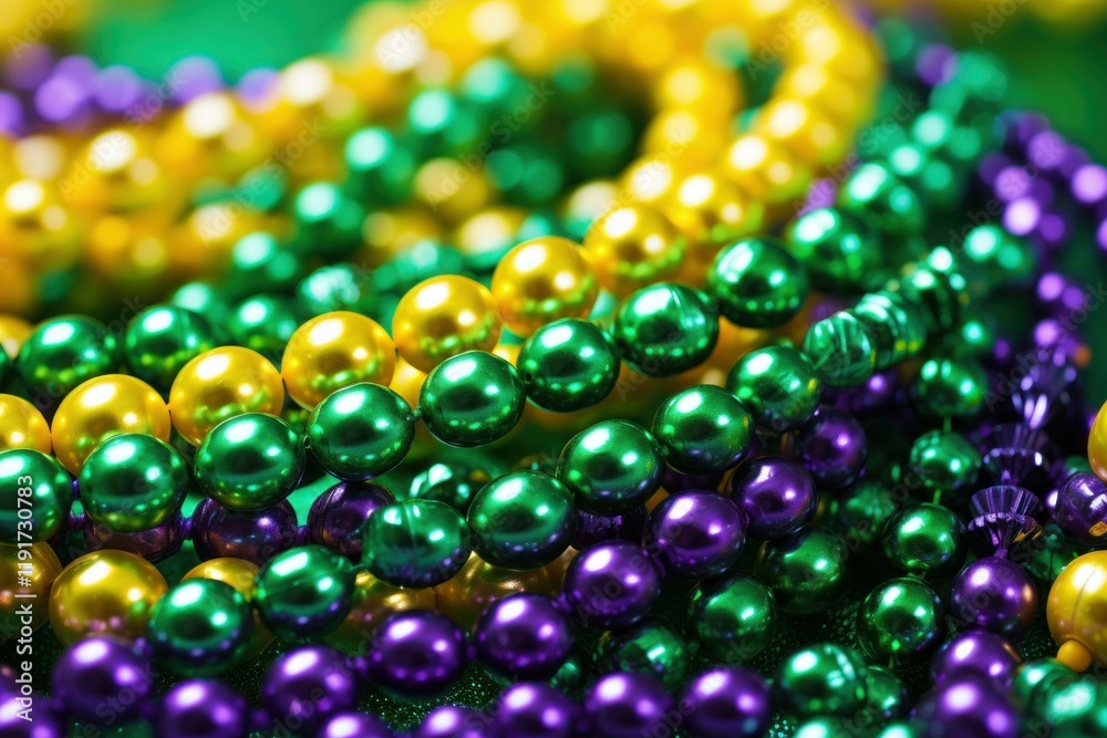 Colorful mardi gras beads in traditional green, gold, and purple rest on a shimmering backdrop, capturing the festive spirit of the celebration Colorful mardi gras beads in traditional green, gold, and purple rest on a shimmering backdrop, capturing the festive spirit of the celebration