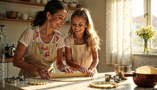 Mother-daughter moment, Mother and daughter joyfully baking cookies together in a sunlit kitchen photo