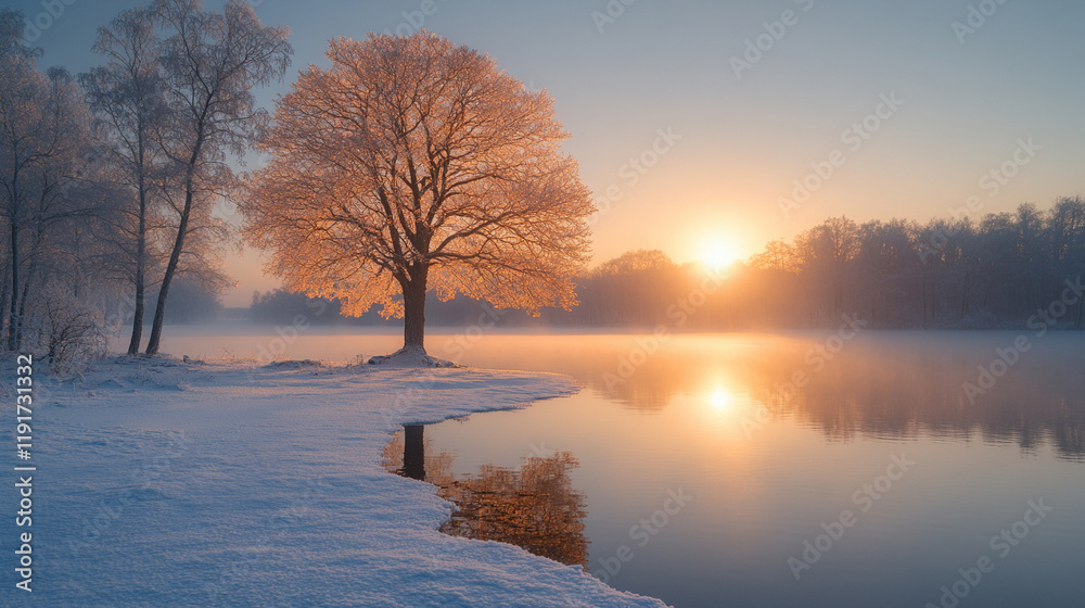 A serene cold season outdoors landscape with a frost-covered tree by a lake at sunrise, reflecting in the icy water, the ground blanketed in snow and ice, with a blurred bright light tone
A serene cold season outdoors landscape with a frost-covered tree by a lake at sunrise, reflecting in the icy water, the ground blanketed in snow and ice, with a blurred bright light tone