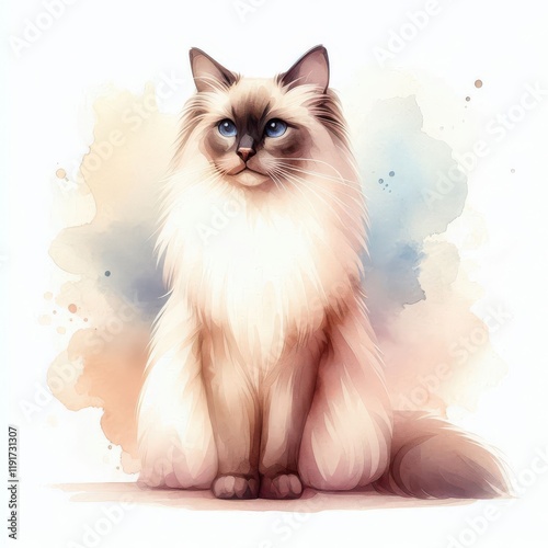 cute ragdoll cat watercolor illustration sitting gracefully with its soft, fluffy coat and striking eyes