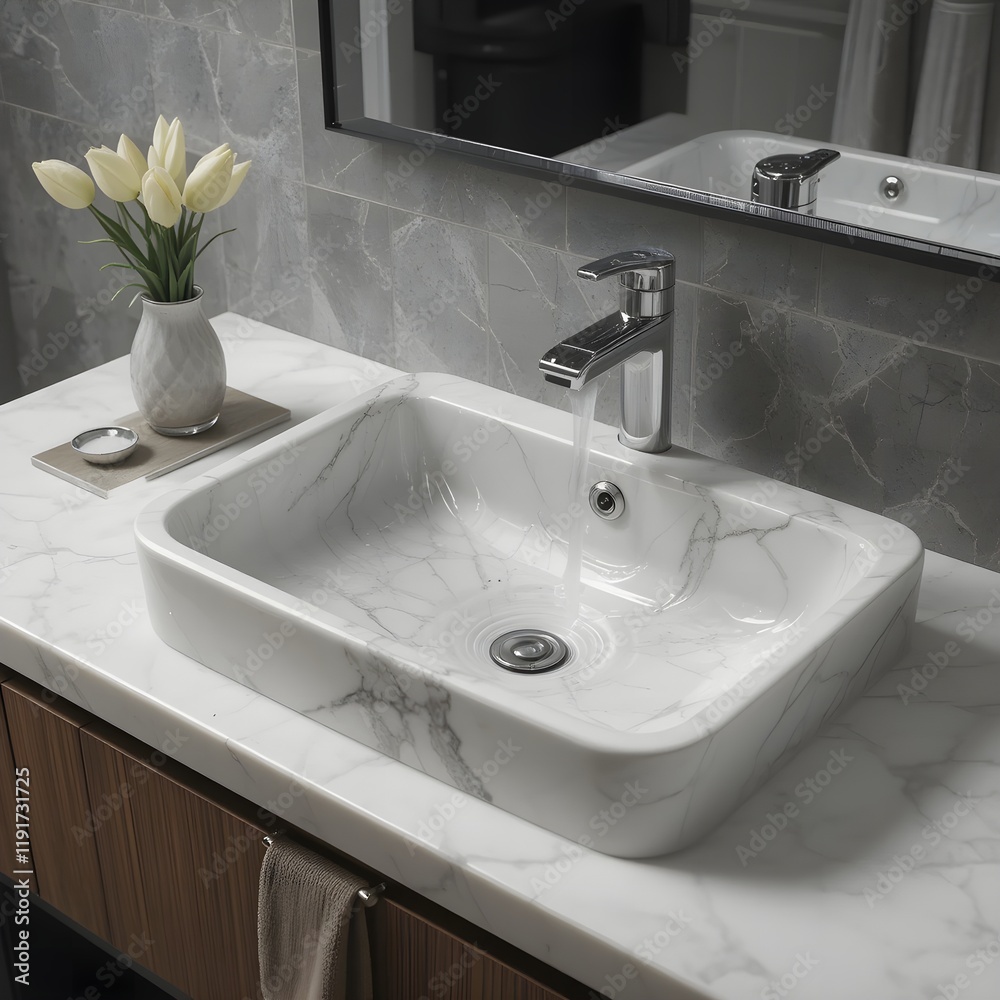 Fototapeta premium A square wash basin with a minimalist style and a mirror in the bathroom