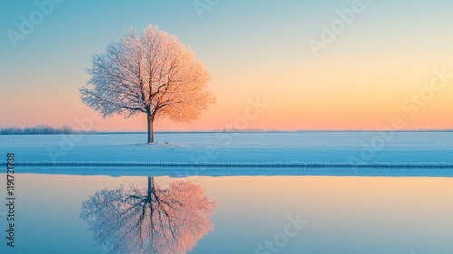 A serene cold season outdoors landscape with a frost-covered tree by a lake at sunrise, reflecting in the icy water, the ground blanketed in snow and ice, with a blurred bright light tone

