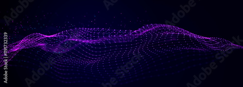 Futuristic wave on dark background. Colored pattern of connection dots and lines. Technology Banner. 3D Widescreen	