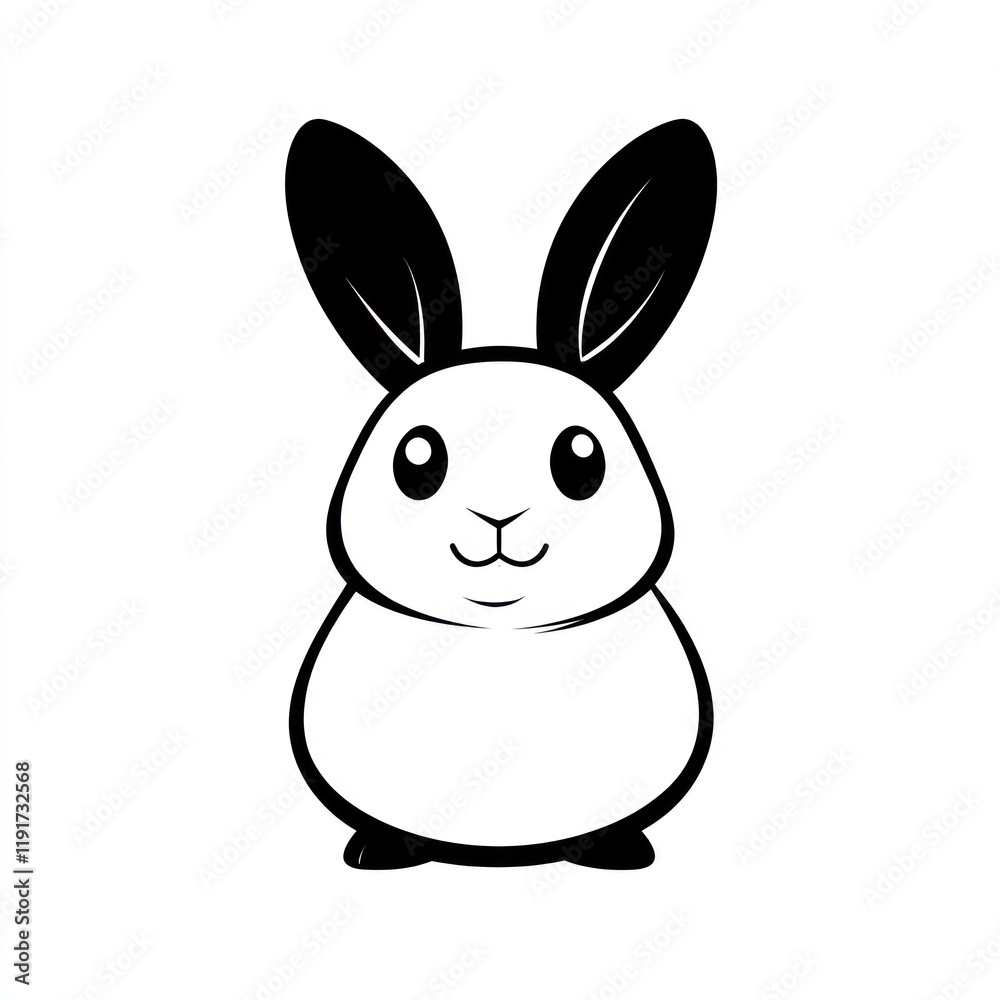 Obraz premium Cute cartoon bunny, white fur, black ears, sitting. Children's book illustration