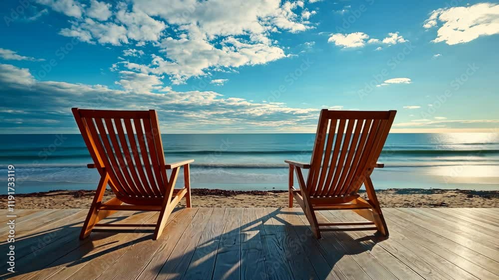 Two wooden loungers facing a tranquil ocean under a bright blue sky with clouds on a sunny day at the beach Two wooden loungers facing a tranquil ocean under a bright blue sky with clouds on a sunny day at the beach