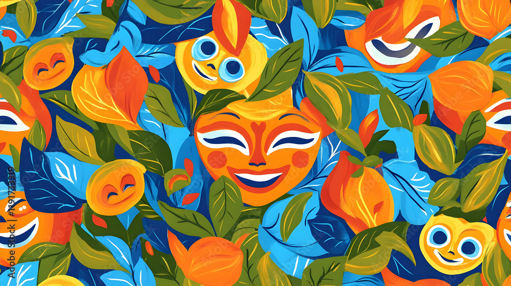 Whimsical Orange and Blue Faces Seamlessly Intertwined with Lush Green Leaves in a Vibrant, Energetic Pattern. Whimsical Orange and Blue Faces Seamlessly Intertwined with Lush Green Leaves in a Vibrant, Energetic Pattern.