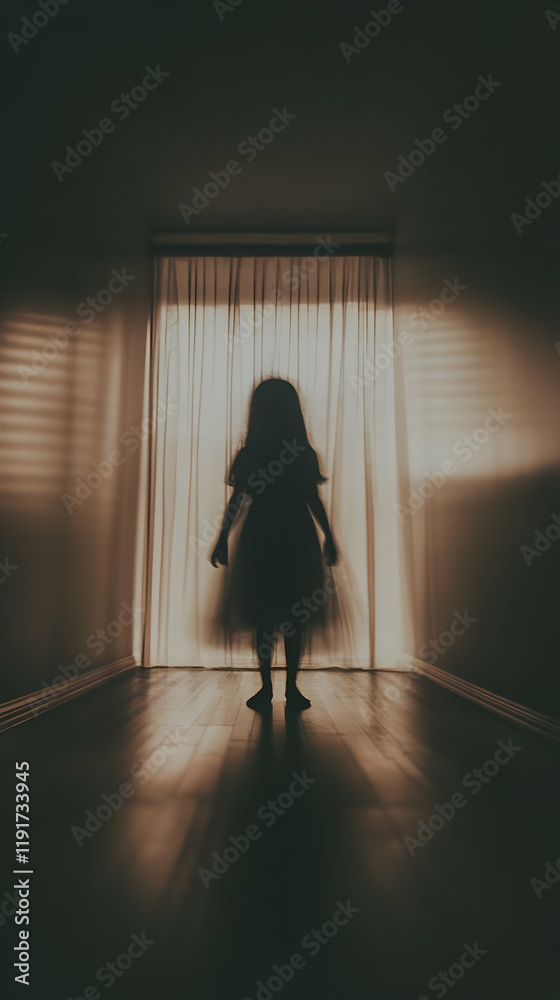 Silhouetted Child Stands before a Window in a Dimly Lit Room Silhouetted Child Stands before a Window in a Dimly Lit Room