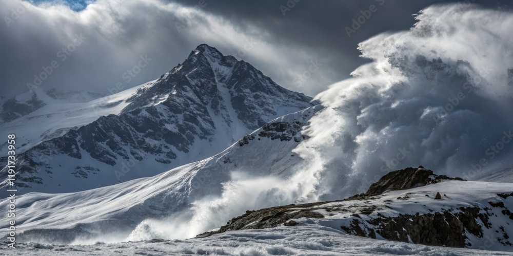 Obraz premium Majestic mountain range with powerful snowstorm sweeping across icy landscape during winter