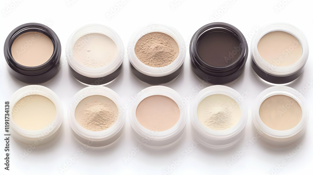 Ten Open Jars of Various Shades of Foundation and Powder Makeup Displayed on a White Background Ten Open Jars of Various Shades of Foundation and Powder Makeup Displayed on a White Background