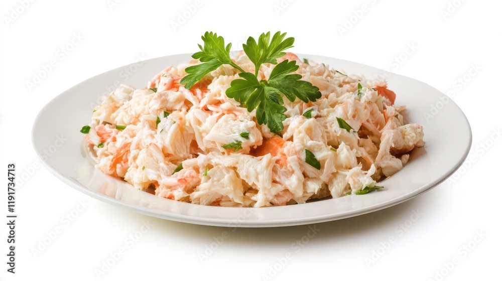 Crab salad served on a white plate, garnished with parsley, isolated on white background. Crab salad served on a white plate, garnished with parsley, isolated on white background.