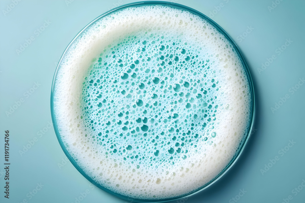 Close-up of bubbly liquid soap in a petri dish forms frothy texture, perfect for hygiene product ads. Close-up of bubbly liquid soap in a petri dish forms frothy texture, perfect for hygiene product ads.