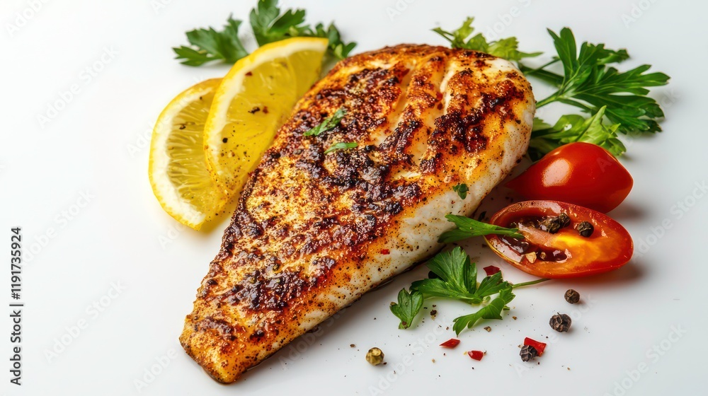Grilled fish fillet with lemon, tomatoes, and parsley. Grilled fish fillet with lemon, tomatoes, and parsley.