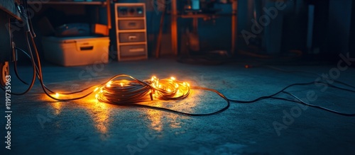 Tangled and chaotic mess of electrical wires lighting cables and power outlets in a dark interior room or workspace environment  Concept of technology energy and disorganized electrical connections