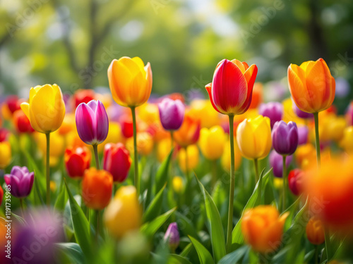 Colorful tulips blooming in a vibrant garden under soft sunlight.