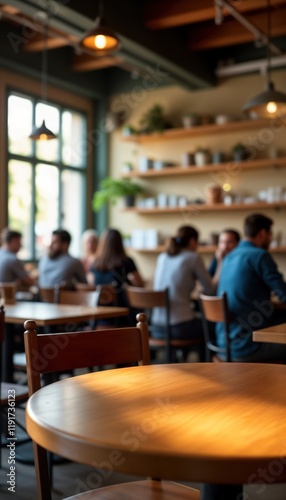 Busy cafe interior with people relaxing, socializing at wooden tables. Sunlight streams through window creating warm lighting. Relaxing, social atmosphere. Customers enjoying time. Ideal for daytime