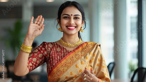 Warm Welcome: A smiling Indian woman in a traditional red and gold saree extends a welcoming hand, radiating warmth and hospitality, a perfect representation of cultural diversity and inclusion.