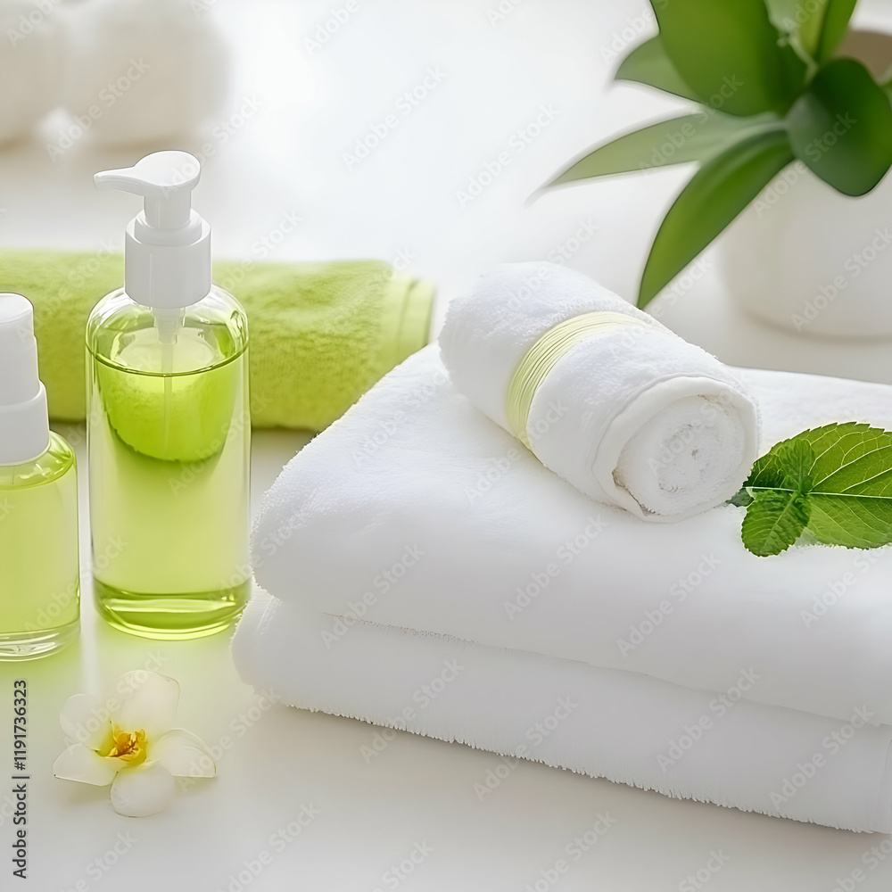 Spa Products Displayed with Towels, Plants, and Flower Accents create a Tranquil Atmosphere Perfectly. Spa Products Displayed with Towels, Plants, and Flower Accents create a Tranquil Atmosphere Perfectly.