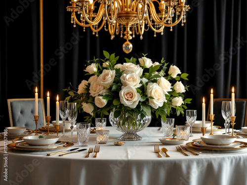 Luxurious formal dinner table with white roses, candles, and elegant place settings under a chandelier.