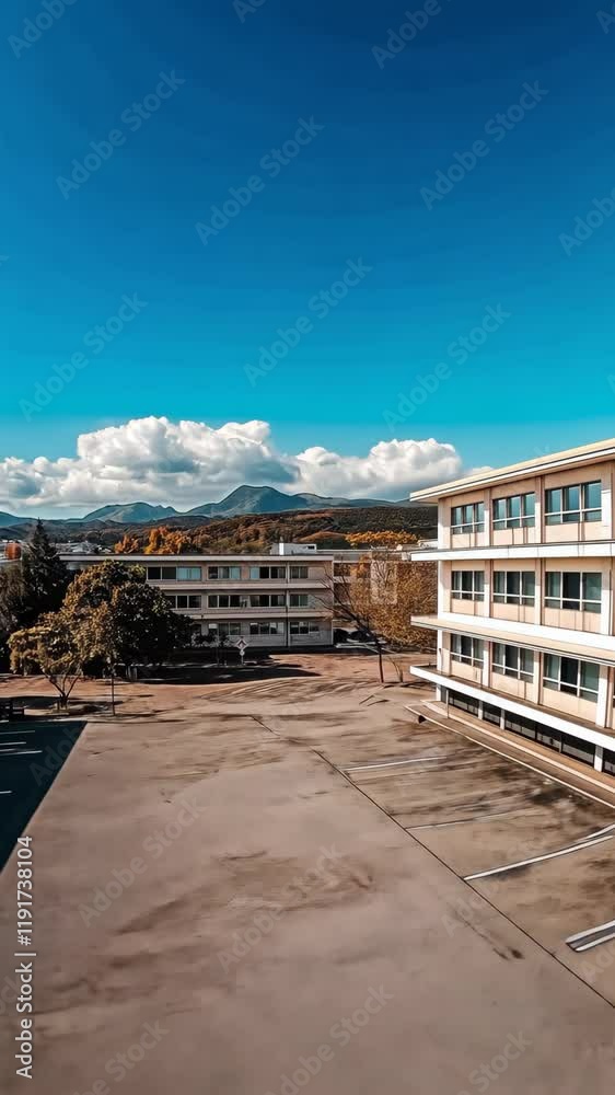 Bright sunny day over school buildings with mountains in the background and clear blue sky Bright sunny day over school buildings with mountains in the background and clear blue sky