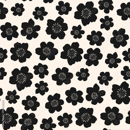Vector floral seamless pattern. Cute simple ditsy background with hand drawn flowers. Doodle children style ornament. Black and white organic texture. Repeated monochrome design for textile, print