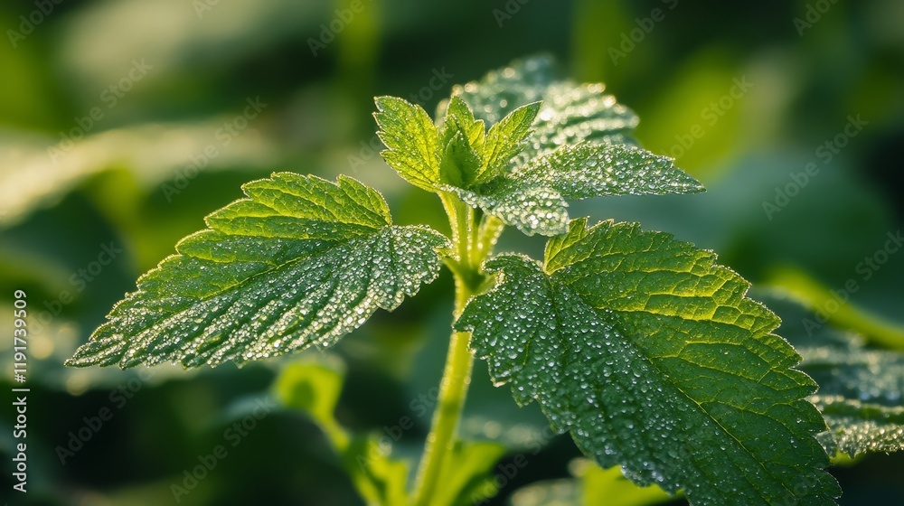 Dew drops on green leaf in morning light Dew drops on green leaf in morning light