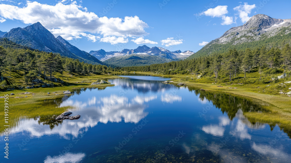 Aerial view of serene mountain lake reflecting clouds and trees Aerial view of serene mountain lake reflecting clouds and trees