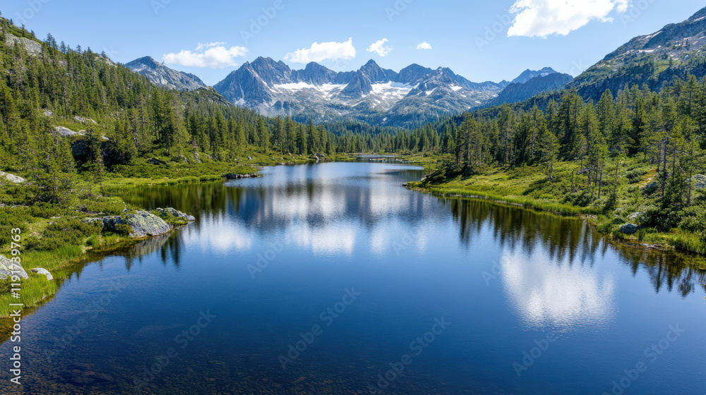 Aerial view of scenic mountain lake with reflections and lush greenery Aerial view of scenic mountain lake with reflections and lush greenery