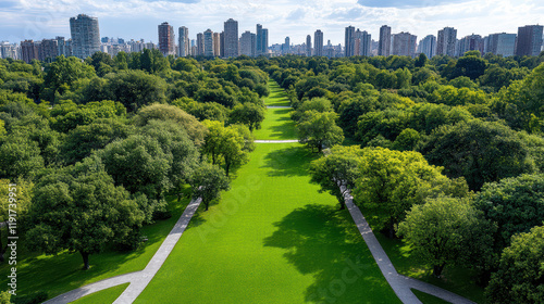 Fototapeta Naklejka Na Ścianę i Meble -  Aerial view of lush urban park surrounded by city skyscrapers, showcasing greenery and pathways
