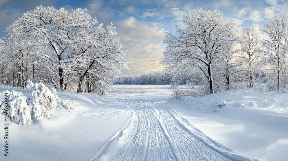 Obraz premium Enchanting winter landscape with snow covered trees and serene path