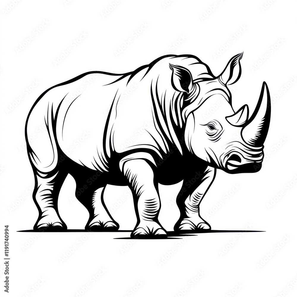 Fototapeta premium Rhino standing, African savanna background, wildlife illustration, educational use