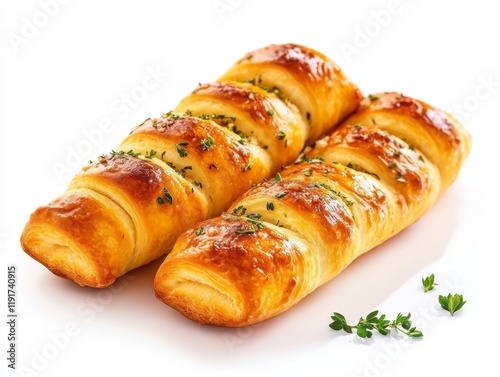 Delectable croissants, four golden, cheesetopped pastries baked to perfection with fresh herbs photo