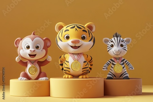 Three adorable animals receive gold medals on a podium photo