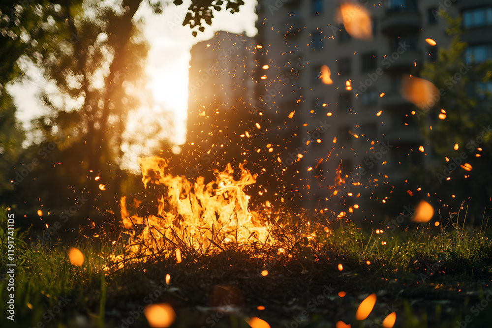 Fototapeta premium Controls the campfire outdoor, fire in a nature, park or forest illustration 