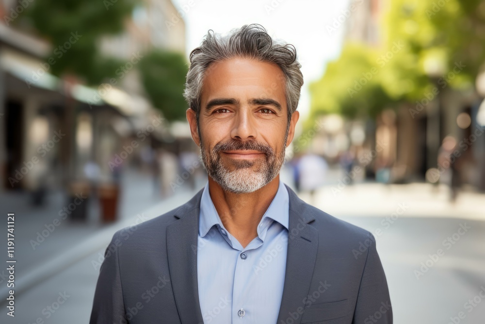Portrait of a confident businessman smiling in a city center, wearing a suit Portrait of a confident businessman smiling in a city center, wearing a suit