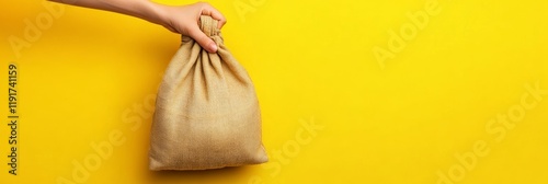 Hand holding a beige burlap sack full of money, suggesting savings, investment, or earnings, against a vibrant yellow backdrop with ample copy space photo