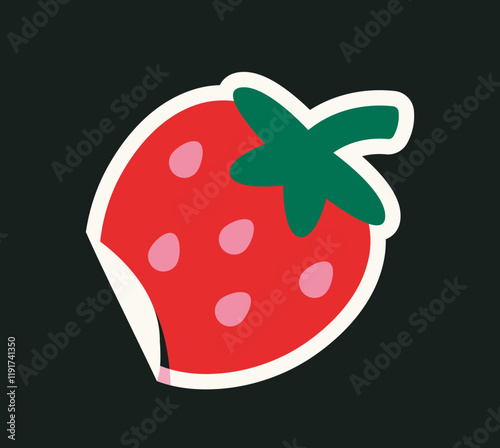 Bright red strawberry with green leaves and pink seeds, outlined in white, set on a black background. Minimalist concept, creative design. Vector illustration