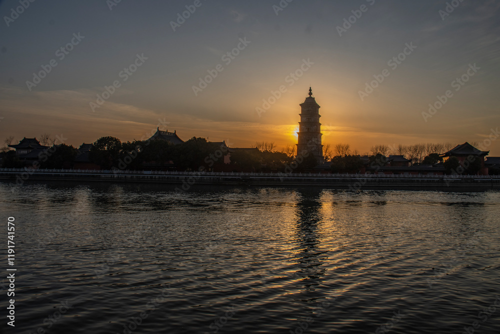 Naklejka premium Buddhism, temples, pagodas, faith, dusk, sunset, similar to a church, prayer, repentance, God, deity, blessing, bringing good luck, background